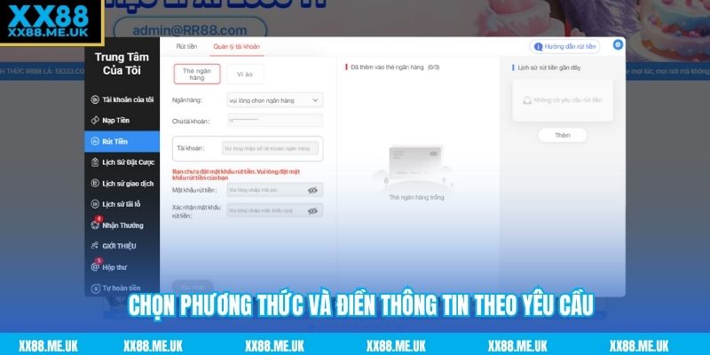 Chọn phương thức và điền thông tin theo yêu cầu